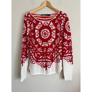 Desigual by Christian Lacroix Red & White Abstract / Stripe Knit Sweater Career